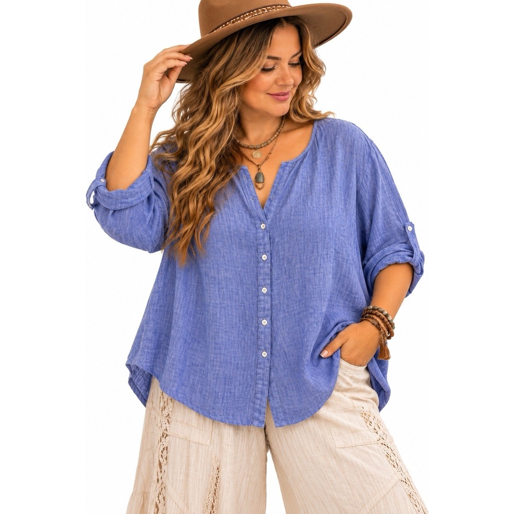 Tahari 100% Linen Button Tunic Top 3X Plus Blue Boho Coastal Lagenlook